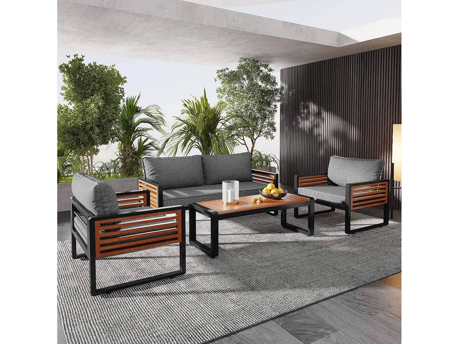 4-delige tuinloungeset, groene L-vormige bank van touw met ijzeren frame, acaciahouten tafel, afneembare zit- en rugkussens