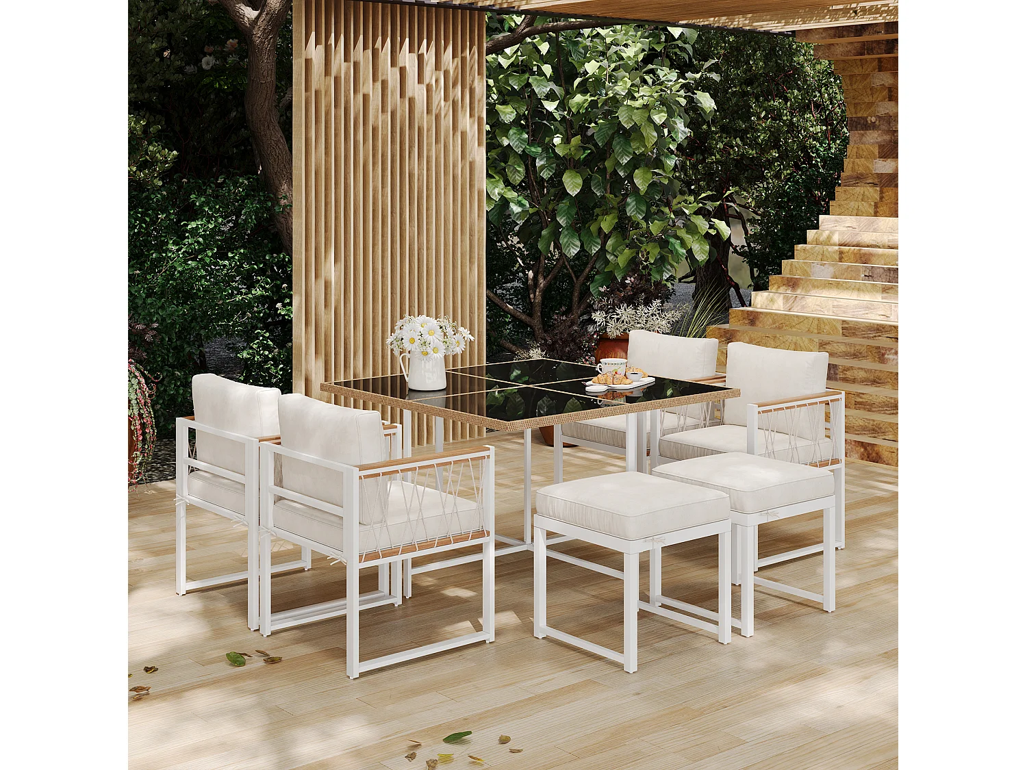 7-delige tuinset, gehard glazen tafel met PE-rotan omhulsel, acaciahout, zwart & hout (118x118x74 cm)