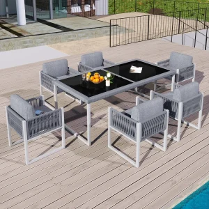 7-delige tuinset, tafel van gehard glas, metalen frame, voor 6 personen, met afneembare kussens (180x75x90 cm) 7-delige tuinset, tafel van gehard glas, metalen frame, voor 6 personen, met afneembare kussens (180x75x90 cm)