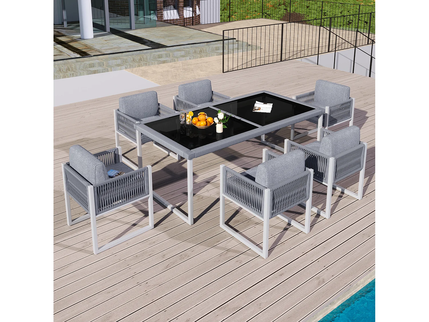 7-delige tuinset, tafel van gehard glas, metalen frame, voor 6 personen, met afneembare kussens (180x75x90 cm)