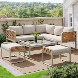 5-delige tuinmeubelset, rotan hoekbank, metaal, grijs (120x61x69 cm) 5-delige tuinmeubelset, rotan hoekbank, metaal, grijs (120x61x69 cm)