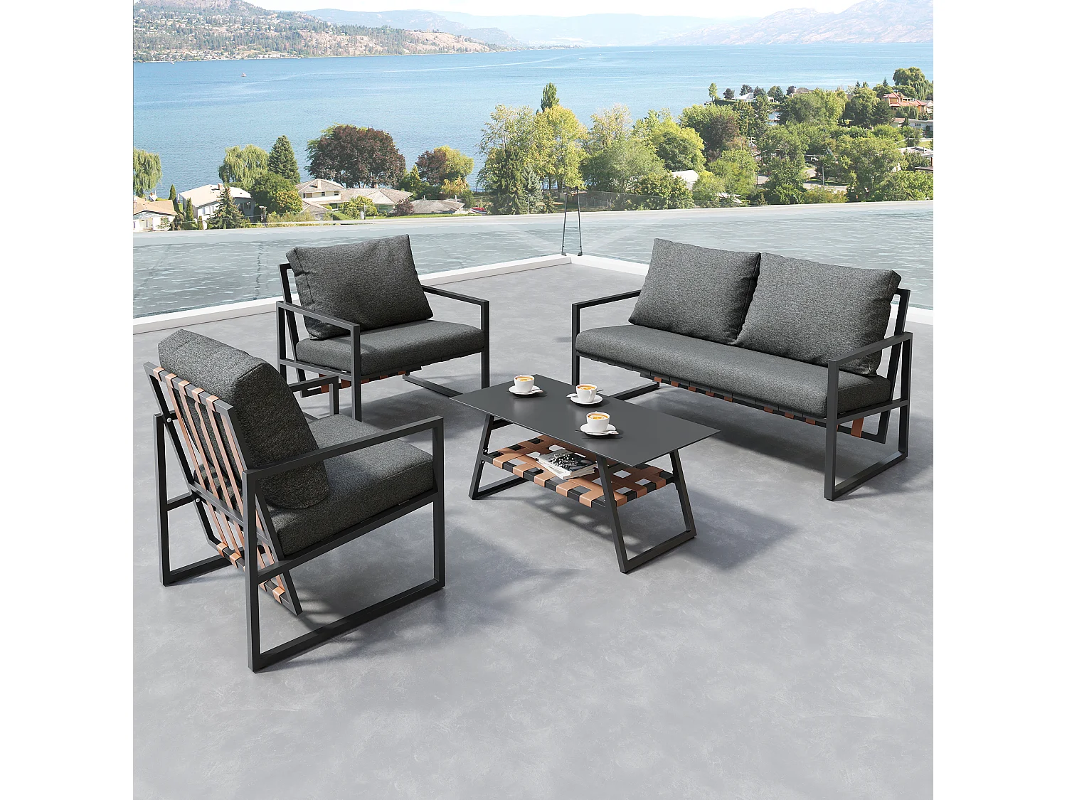 4-zits tuinmeubelset, bank, salontafel, kussens, afneembare en wasbare stof, zwart (116x78x13 cm)
