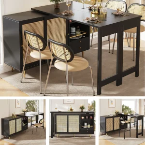 360° draaibare hoge tafel met opbergruimte, uitschuifbare tafel met rotandeuren, open plank, MDF, zwart (107x40x71,4 cm) 360° draaibare hoge tafel met opbergruimte, uitschuifbare tafel met rotandeuren, open plank, MDF, zwart (107x40x71,4 cm)