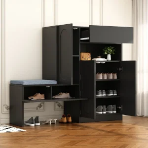2-in-1 schoenenkast met gebogen deuren, softclose-functie, verstelbare planken en gewatteerde bank, zwart (130x35x110 cm) 2-in-1 schoenenkast met gebogen deuren, softclose-functie, verstelbare planken en gewatteerde bank, zwart (130x35x110 cm)