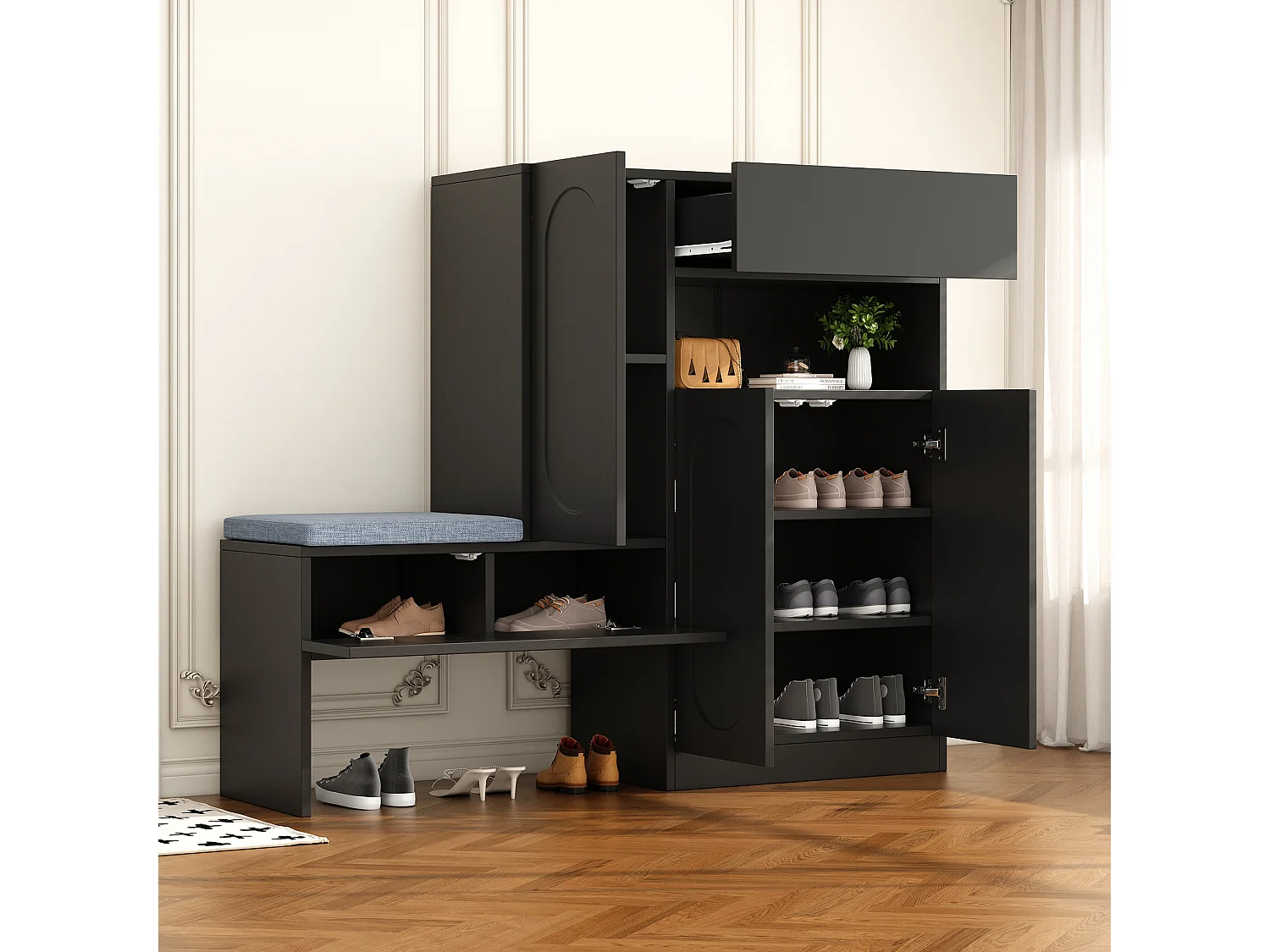 2-in-1 schoenenkast met gebogen deuren, softclose-functie, verstelbare planken en gewatteerde bank, zwart (130x35x110 cm)