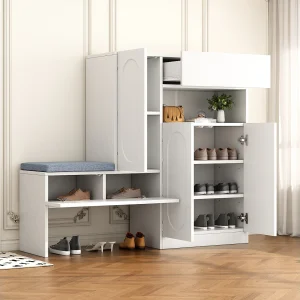 2-in-1 schoenenkast met gebogen deuren, soft-close functie, verstelbare planken en gestoffeerde bank, wit (130x35x110 cm) 2-in-1 schoenenkast met gebogen deuren, soft-close functie, verstelbare planken en gestoffeerde bank, wit (130x35x110 cm)