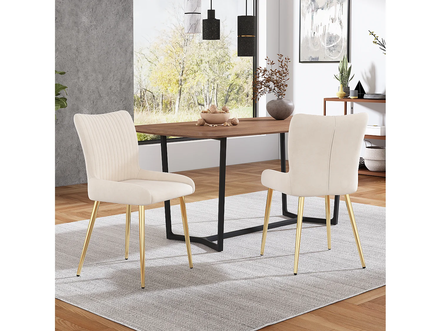 2-delige beige fluwelen eetkamerstoel met gouden metalen poten en lendensteun (74x58x48 cm)