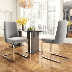 2-delige luxe design fluwelen eetkamerstoel met diamantvormige rugleuning en zilveren metalen poten, grijs (47x47x90 cm) 2-delige luxe design fluwelen eetkamerstoel met diamantvormige rugleuning en zilveren metalen poten, grijs (47x47x90 cm)