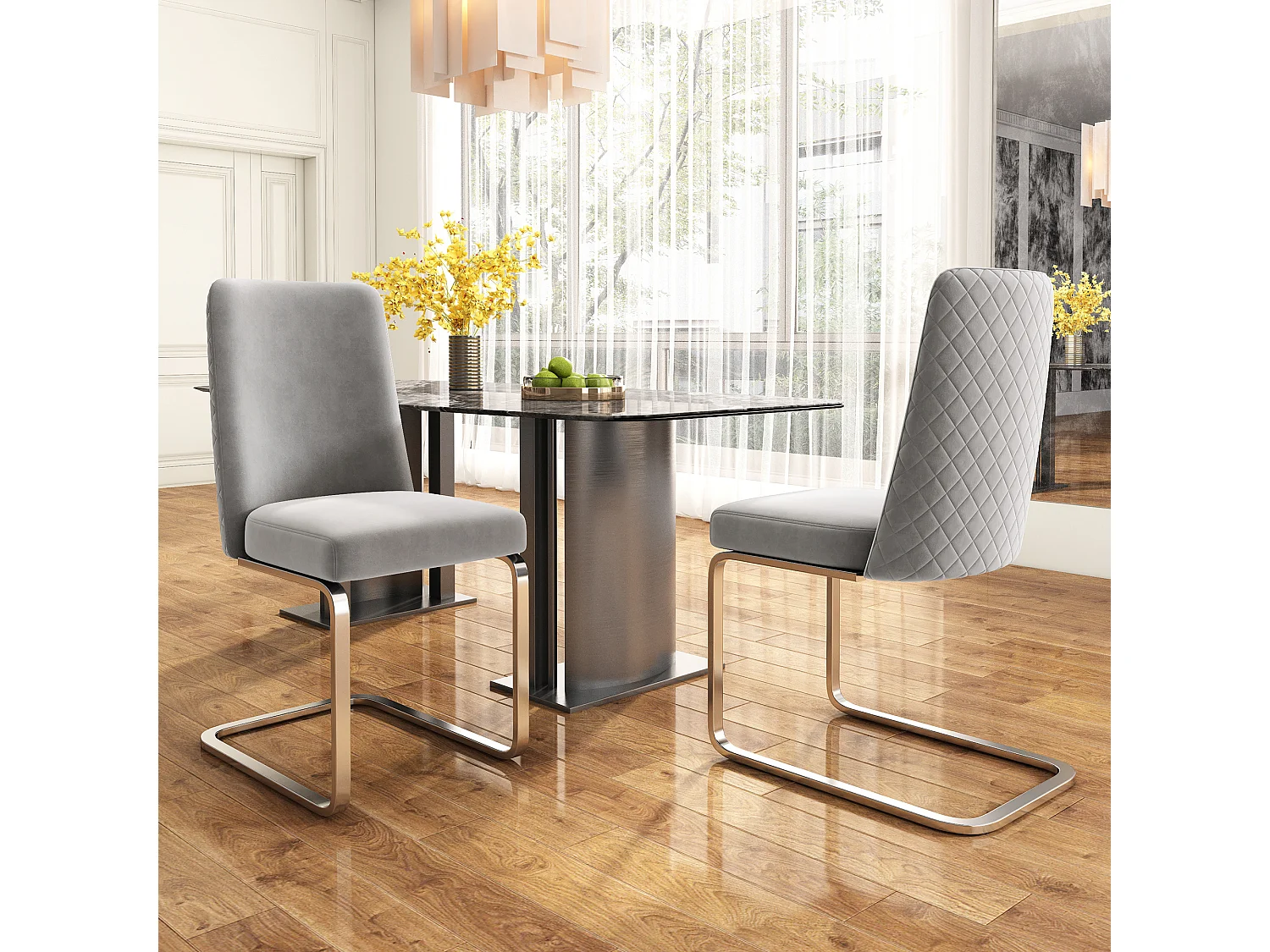 2-delige luxe design fluwelen eetkamerstoel met diamantvormige rugleuning en zilveren metalen poten, grijs (47x47x90 cm)