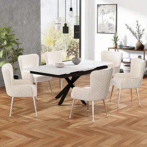 6-delige beige fluwelen eetkamerstoelenset met armleuningen, zilveren metalen poten en lendensteun (69×58,5×56 cm) 6-delige beige fluwelen eetkamerstoelenset met armleuningen, zilveren metalen poten en lendensteun (69×58,5×56 cm)