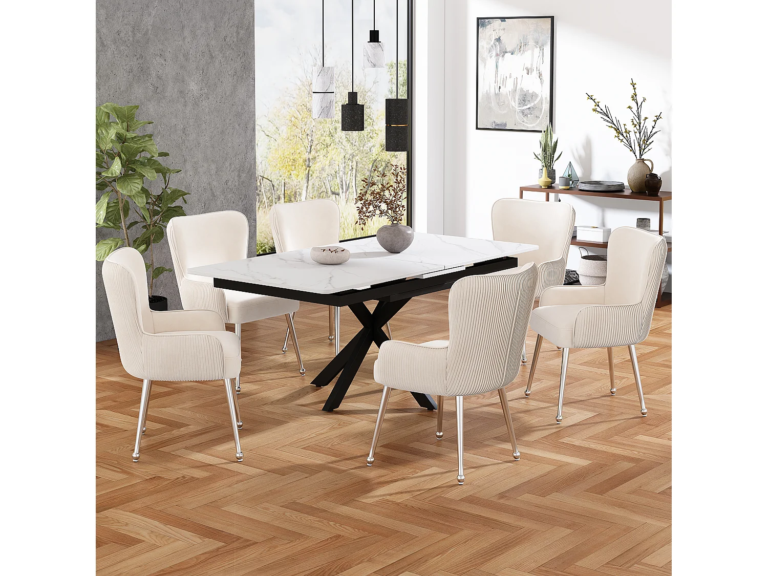 6-delige beige fluwelen eetkamerstoelenset met armleuningen, zilveren metalen poten en lendensteun (69x58,5x56 cm)