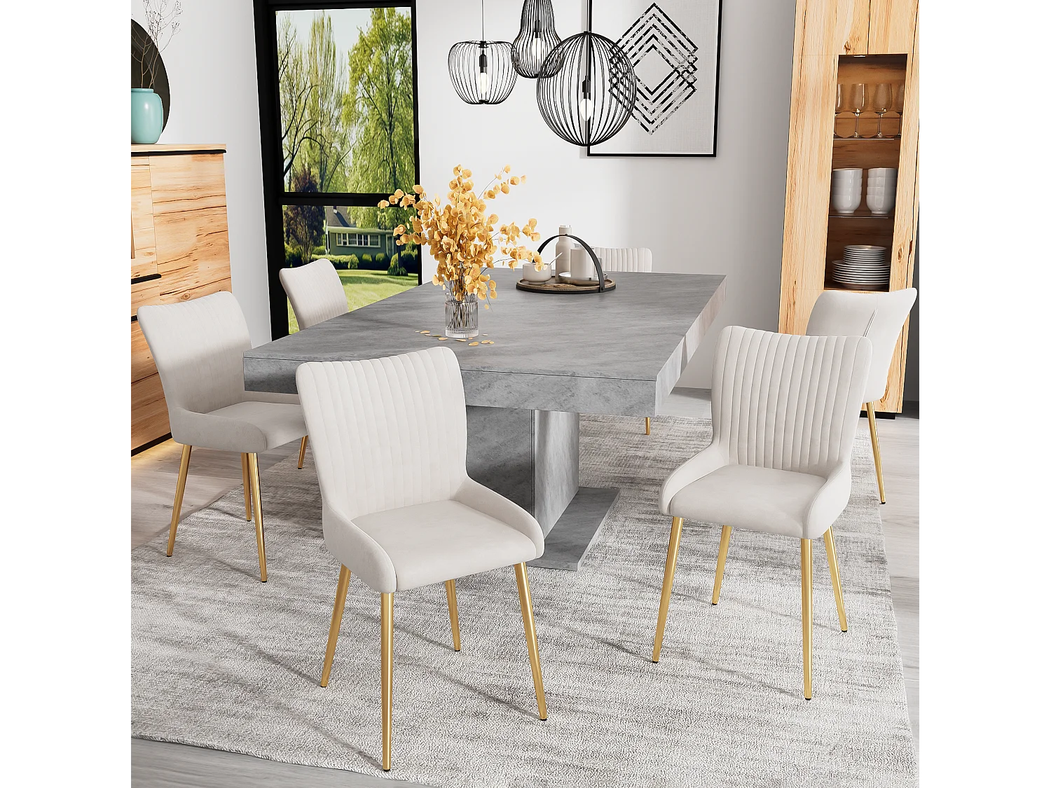 6-delige beige fluwelen eetkamerstoelenset met gouden metalen poten en lendensteun (74x58x48 cm)
