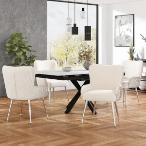 4-delige beige fluwelen eetkamerstoel met armleuningen, zilveren metalen poten en lendensteun (69×58,5×56 cm) 4-delige beige fluwelen eetkamerstoel met armleuningen, zilveren metalen poten en lendensteun (69×58,5×56 cm)