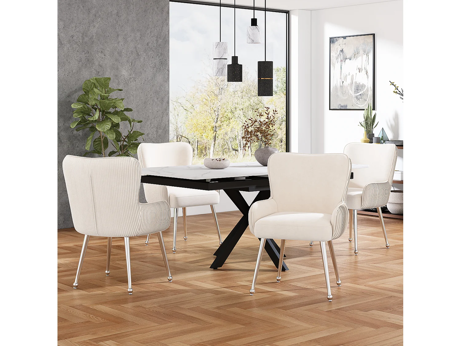 4-delige beige fluwelen eetkamerstoel met armleuningen, zilveren metalen poten en lendensteun (69x58,5x56 cm)