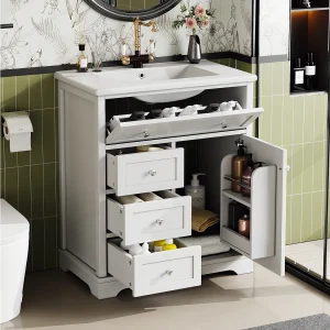 Badkamermeubel met wastafel, vochtwerende verf, softclose lades, verstelbare planken, wit, (76x46x87 cm) Badkamermeubel met wastafel, vochtwerende verf, softclose lades, verstelbare planken, wit, (76x46x87 cm)