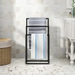 Badkamerhanddoekrek, 3-laags, strand- en badhanddoekhouder, metaal, zwart, (45x22x86 cm)