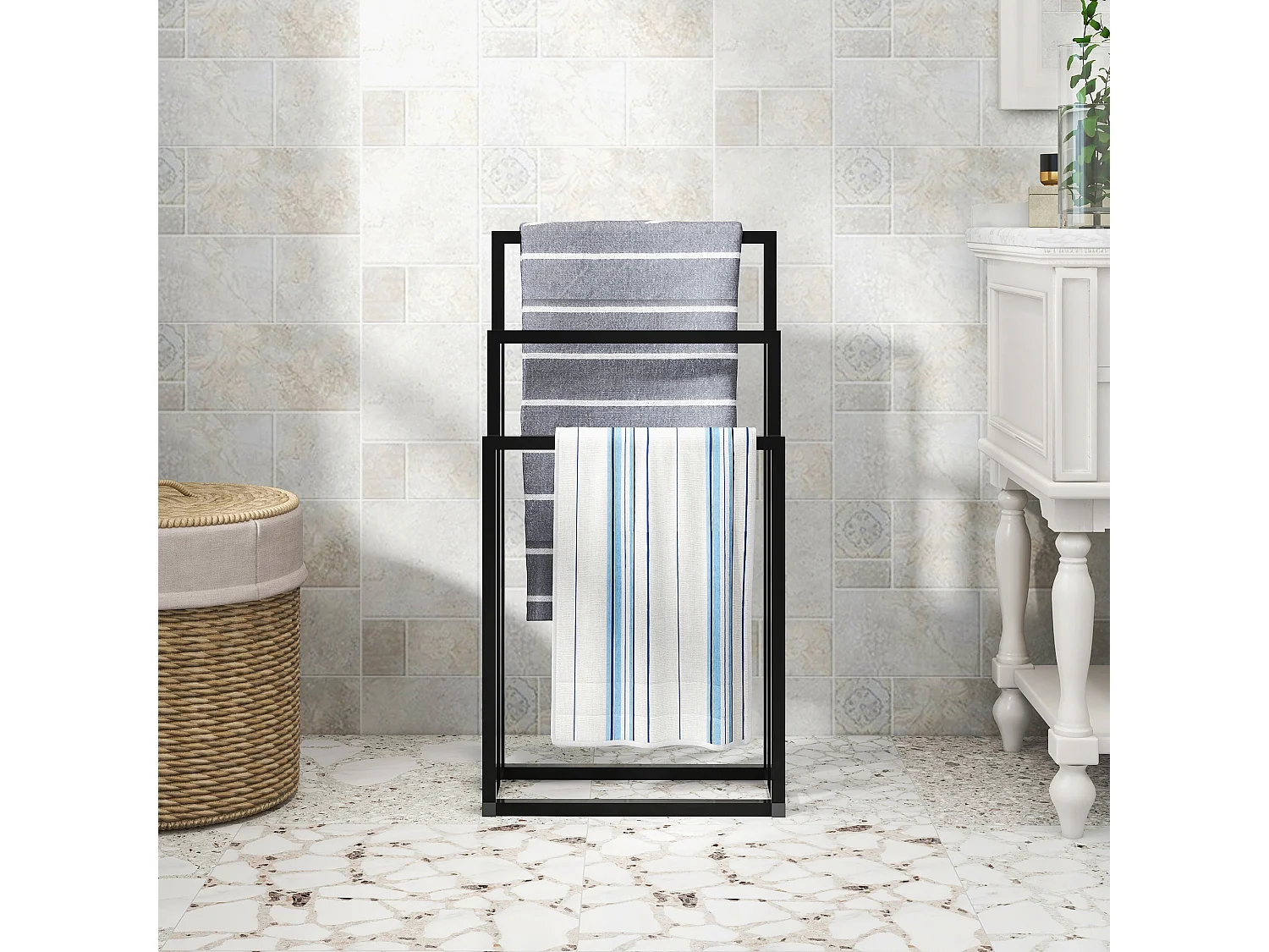 Badkamerhanddoekrek, 3-laags, strand- en badhanddoekhouder, metaal, zwart, (45x22x86 cm)