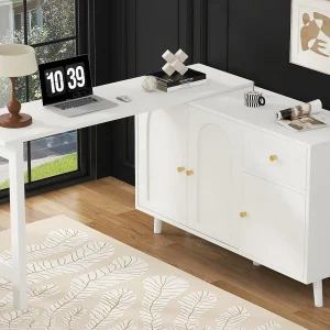 2-in-1 bureau 120×40×74,5 cm – 360° draaibaar – 3 deuren en 1 la – FSC-gecertificeerd – wit