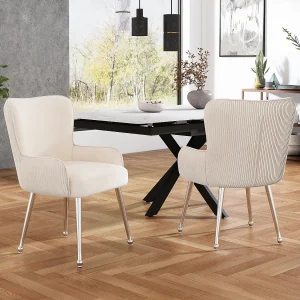 2-delige beige fluwelen eetkamerstoel met armleuningen, zilveren metalen poten, lendensteun (69×58,5×56 cm) 2-delige beige fluwelen eetkamerstoel met armleuningen, zilveren metalen poten, lendensteun (69×58,5×56 cm)