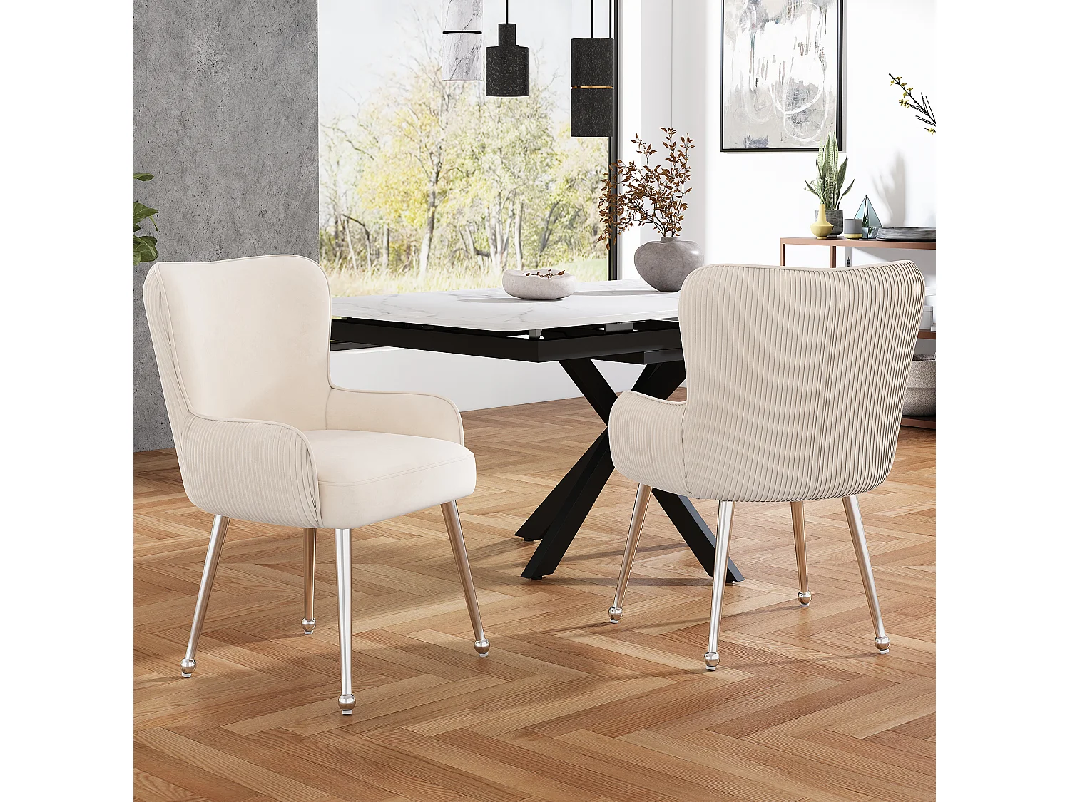 2-delige beige fluwelen eetkamerstoel met armleuningen, zilveren metalen poten, lendensteun (69x58,5x56 cm)