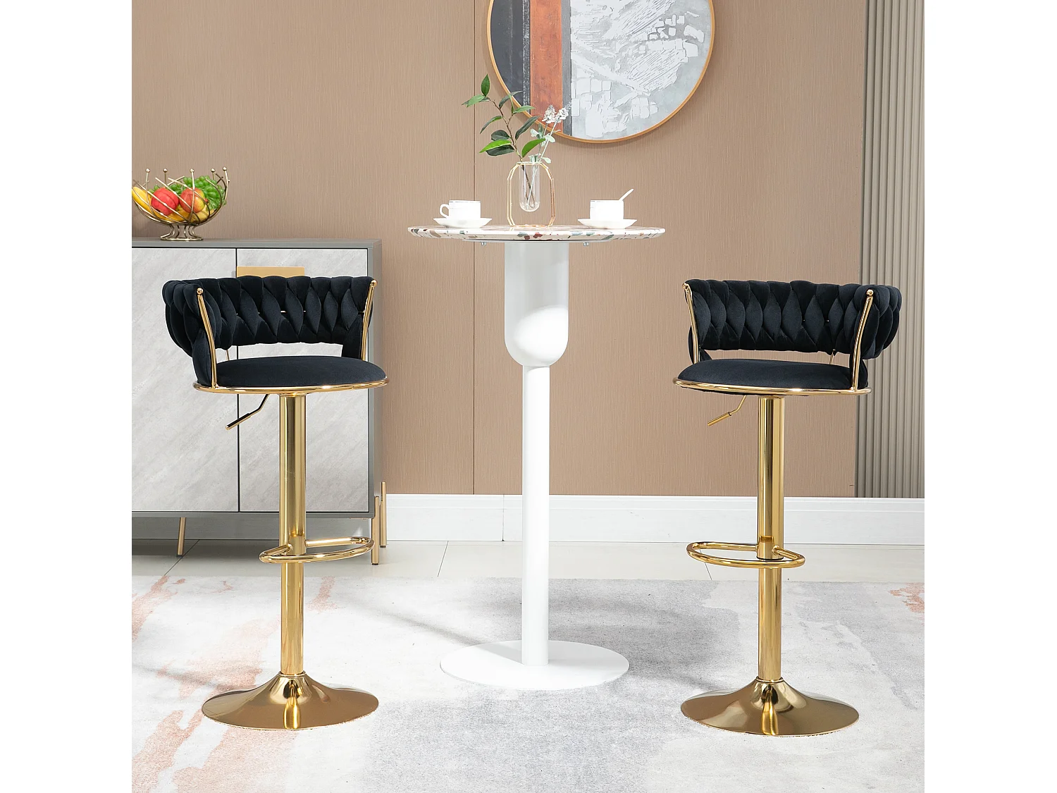 360° draaibare barkruk met rugleuning, verstelbare hoogte, fluweel, zwart, (54x46x78,5-97 cm)