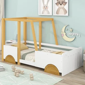 Autobed, kinderbed met wielen van MDF, frame van dennenhout, wit + naturel (90x200cm) Autobed, kinderbed met wielen van MDF, frame van dennenhout, wit + naturel (90x200cm)