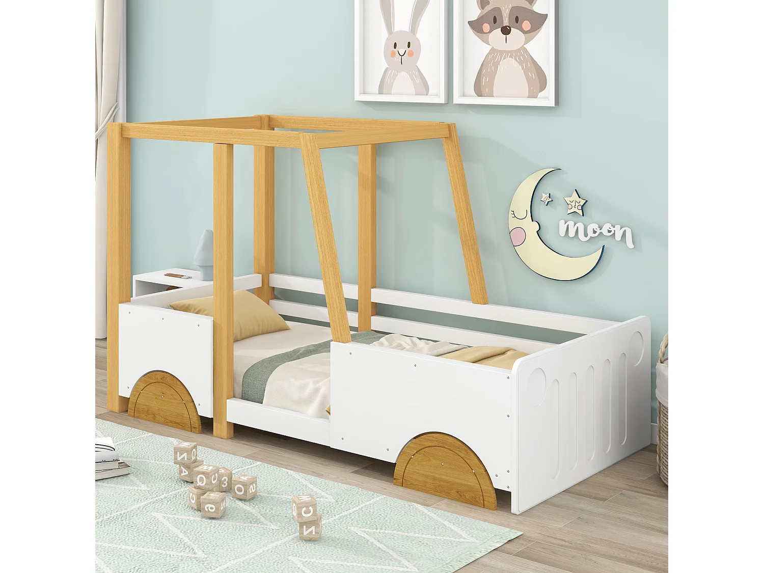 Autobed, kinderbed met wielen van MDF, frame van dennenhout, wit + naturel (90x200cm)