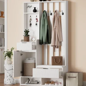6-in-1 garderobekast 100×30×180 cm – met 8 haakjes en schoenenbank – met 2 laden en 1 deur – met schoenenkast – wit 6-in-1 garderobekast 100×30×180 cm – met 8 haakjes en schoenenbank – met 2 laden en 1 deur – met schoenenkast – wit