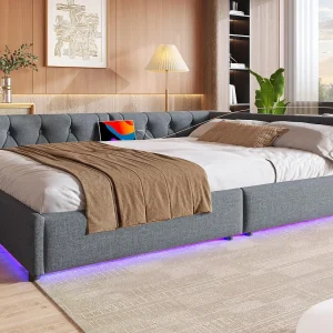 140×200 cm linnen daybed – met LED en oplaadpoorten – Grijs 140×200 cm linnen daybed – met LED en oplaadpoorten – Grijs