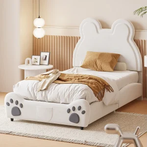 90 x 200 cm berenvormig gestoffeerd bed, schattig huidvriendelijk fluwelen kinderbed, wit 90 x 200 cm berenvormig gestoffeerd bed, schattig huidvriendelijk fluwelen kinderbed, wit