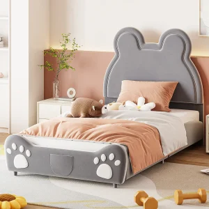 90 x 200 cm berenvormig gestoffeerd bed, schattig huidvriendelijk fluwelen kinderbed, grijs 90 x 200 cm berenvormig gestoffeerd bed, schattig huidvriendelijk fluwelen kinderbed, grijs