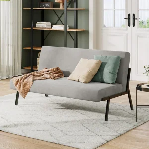 2-zits stoffen bank, 112 cm, moderne Scandinavische stijl voor woonkamer, appartement, kleine ruimte, metalen frame, grijs