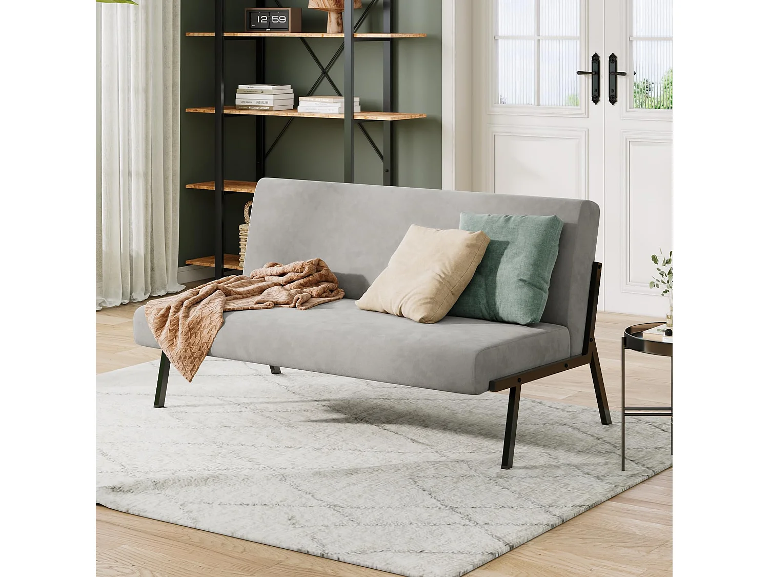 2-zits stoffen bank, 112 cm, moderne Scandinavische stijl voor woonkamer, appartement, kleine ruimte, metalen frame, grijs