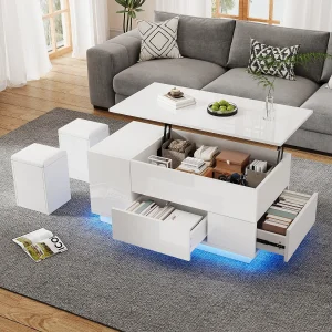 4-in-1 in hoogte verstelbare multifunctionele salontafel met led-verlichting, 2 lades en opbergkrukken, spaanplaat, wit (100x50x45cm) 4-in-1 in hoogte verstelbare multifunctionele salontafel met led-verlichting, 2 lades en opbergkrukken, spaanplaat, wit (100x50x45cm)