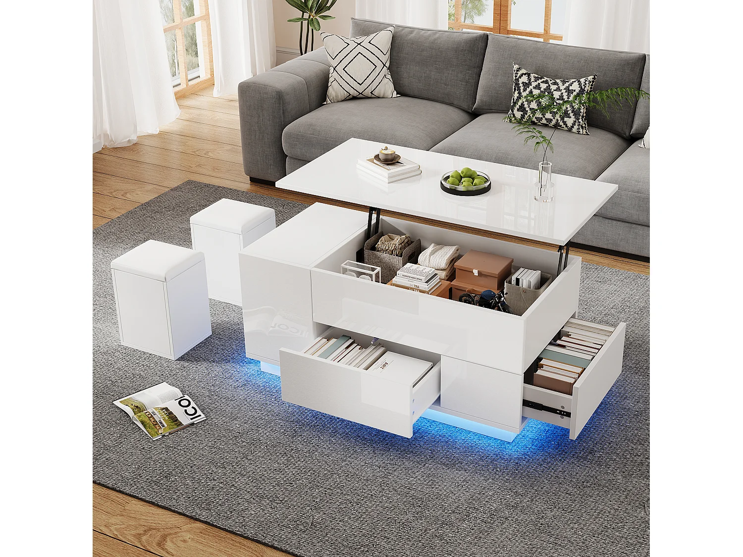 4-in-1 in hoogte verstelbare multifunctionele salontafel met led-verlichting, 2 lades en opbergkrukken, spaanplaat, wit (100x50x45cm)