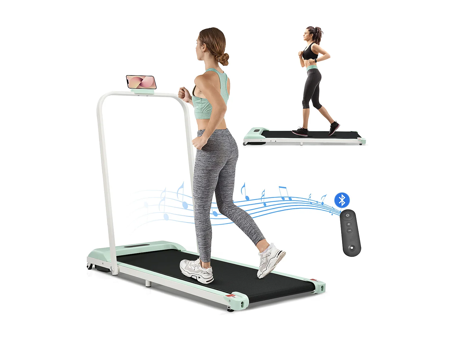 2-in-1 opvouwbare loopband, afstandsbediening, 1-6 km/u, LED-display, Bluetooth-luidspreker, telefoonhouder, groen metaal (130 x 58 x 13 cm)