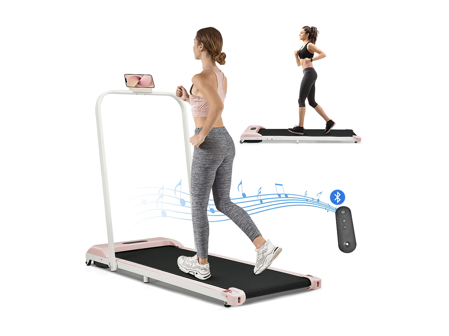 2-in-1 opvouwbare loopband, afstandsbediening, 1-6 km/u, LED-display, Bluetooth-luidspreker, telefoonhouder, roze metaal (130 x 58 x 13 cm)