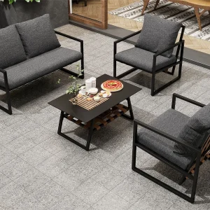 4-zits gegalvaniseerd stalen tuinmeubel: 1 bank + 2 stoelen + 1 salontafel met 2 planken – 7 zit- en rugkussens – Zwart 4-zits gegalvaniseerd stalen tuinmeubel: 1 bank + 2 stoelen + 1 salontafel met 2 planken – 7 zit- en rugkussens – Zwart