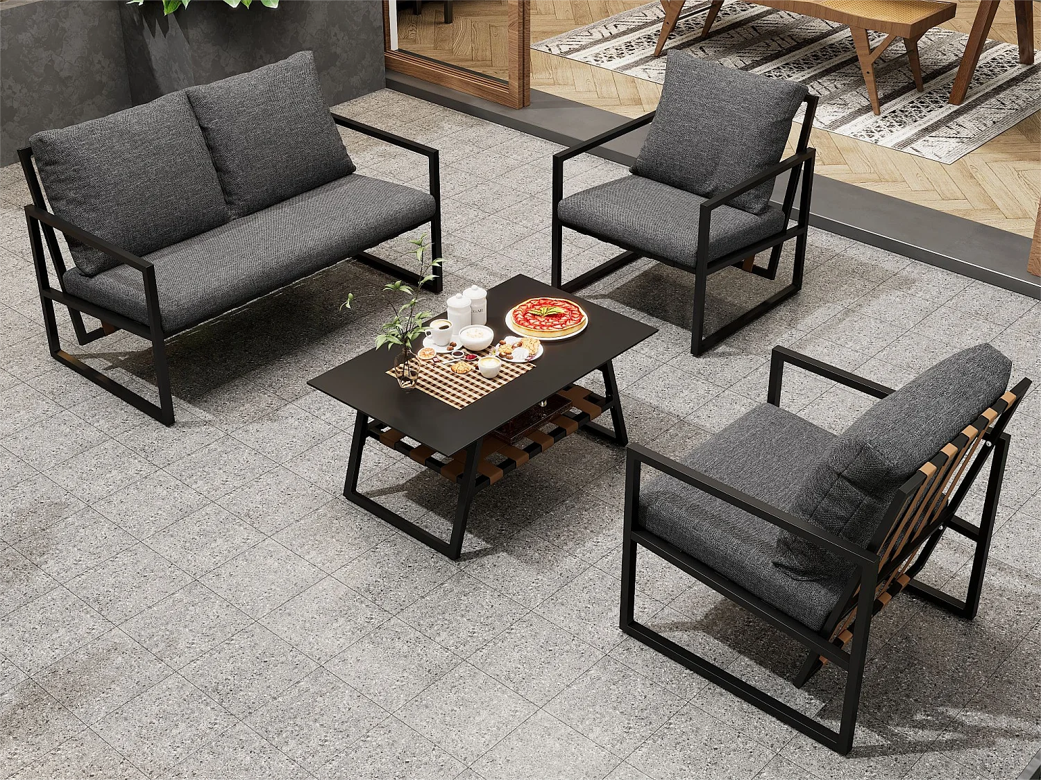 4-zits gegalvaniseerd stalen tuinmeubel: 1 bank + 2 stoelen + 1 salontafel met 2 planken - 7 zit- en rugkussens - Zwart