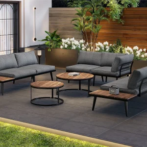 6-zits modulaire tuinmeubelset – 2 bank + 2 stoelen + set van 2 uittrekbare salontafels – kleur: antiekgrijs + bruin