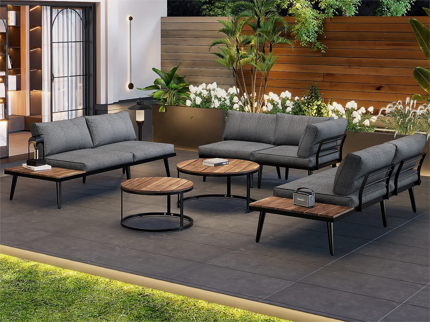 6-zits modulaire tuinmeubelset - 2 bank + 2 stoelen + set van 2 uittrekbare salontafels - kleur: antiekgrijs + bruin