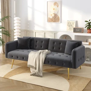 2-zits slaapbank – 178 x 82 x 70 cm – met verstelbare rugleuning en armleuningen – fluweel – grijs