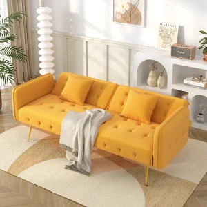2-zits slaapbank – 178 x 82 x 70 cm – met verstelbare rugleuning en armleuningen – fluweel – Geel