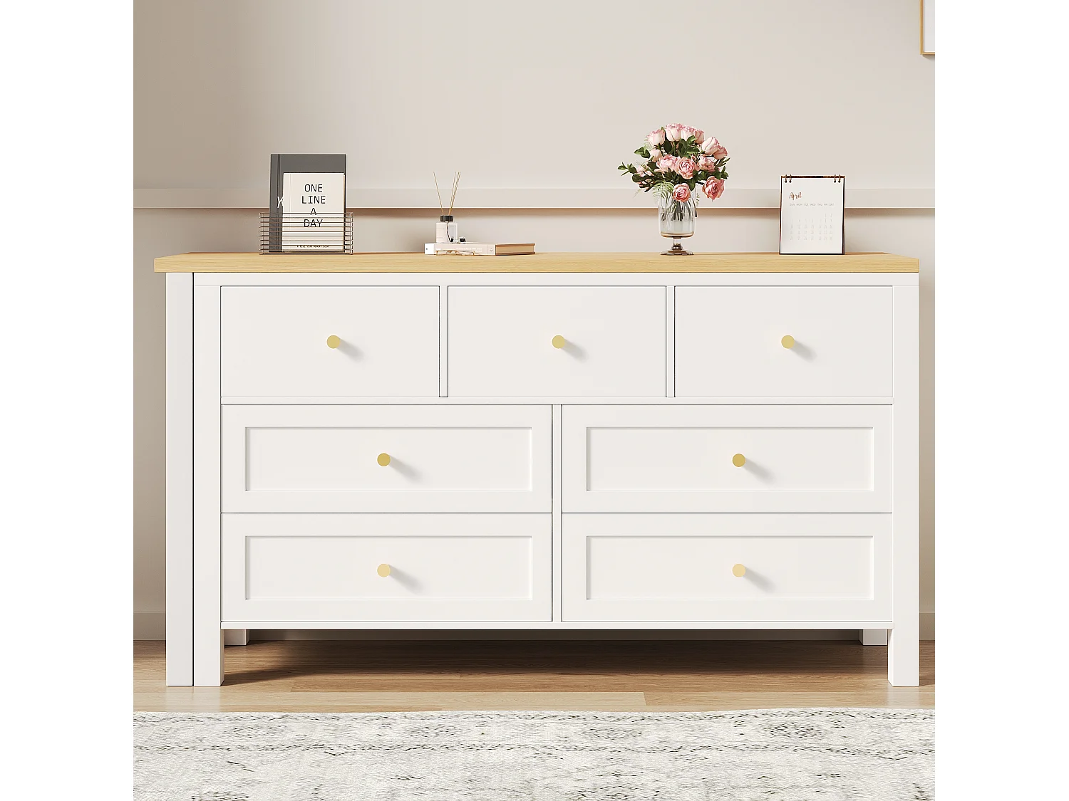 2-in-1 bureau en dressoir - 120 x 40 x 70 cm - 360° draaibaar - met 7 lades - spaanplaat - wit