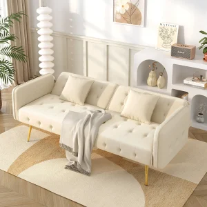 2-zits slaapbank – 178 x 82 x 70 cm – met verstelbare rugleuning en armleuningen – fluweel – beige