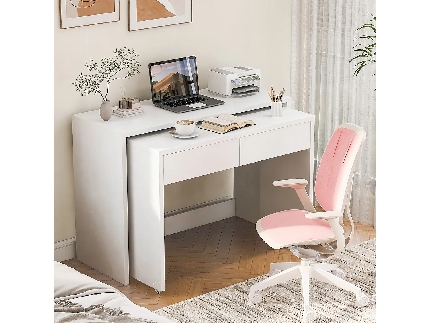 2-in-1 opvouwbaar bureau - 110 x 40 x 78 cm - Bureauplank + ladekast met 2 laden - spaanplaat - wit
