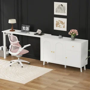 2-in-1 bureau en dressoir – 120 x 40 x 74,5 cm – 360° draaibaar – met 3 deuren + 1 lade – spaanplaat – wit