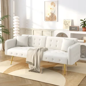 2-zits slaapbank – 178 x 82 x 70 cm – met verstelbare rugleuning en armleuningen – fluweel – wit