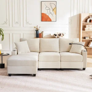 3-zitsbank met voetenbank – 213,5 x 139 x 87 cm – met 2 kussens – fluweel – beige 3-zitsbank met voetenbank – 213,5 x 139 x 87 cm – met 2 kussens – fluweel – beige