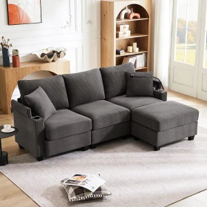 3-zitsbank met voetenbank – 213,5 x 139 x 87 cm – met 2 kussens – fluweel – donkergrijs 3-zitsbank met voetenbank – 213,5 x 139 x 87 cm – met 2 kussens – fluweel – donkergrijs